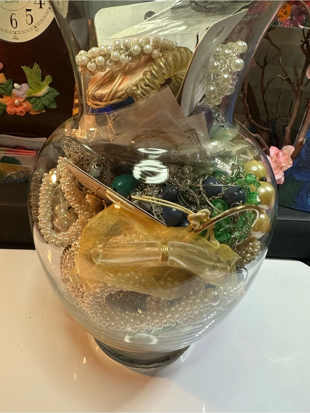 Glass Decorative Vase Filled with Gold and Pearl Accents - Unbranded